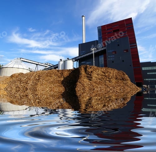 Preview: Bio Power Plant Drawing With Storage Of Wooden Fuel Against Blue Sky