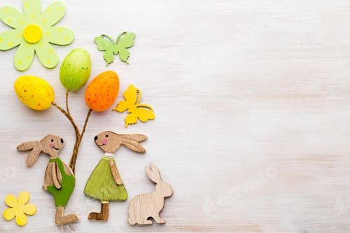 Preview: Spring And Easter Decor. Wooden Symbols Bunny, Flowers And Butterflies.