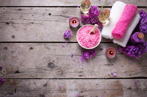 Preview: Spa Setting. Sea Salt, Candles, Aroma Oil In Bottles And Towels On Vintage Wooden Background