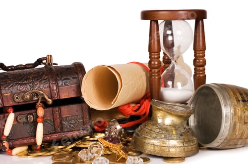 Preview: Hourglasses And Coin Isolated On White