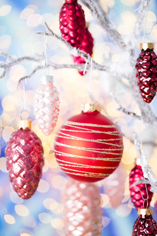 Preview: Christmas Greeting Card. Cone Decoration On Bokeh Background. New Year Concept. Copy Space. Flat