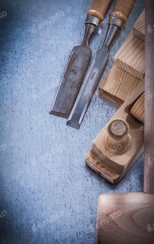 Preview: Set Of Carpenters Tools On Metallic Background Construction Concept.