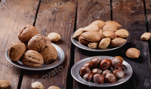 Preview: Various Nuts On The Rustic Wooden Board: Almonds, Walnuts And Hazelnuts