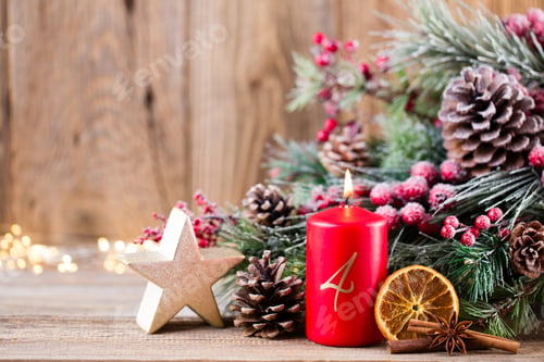 Preview: Christmas Greeting Card. Festive Decoration On Wooden Background. New Year Concept. Copy Space