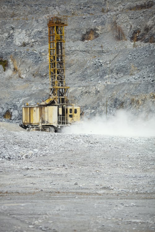 Preview: Mining Drilling Machine Working In A Stone Quarry In A Cloud Of Dust, Closeup. Heavy Mining