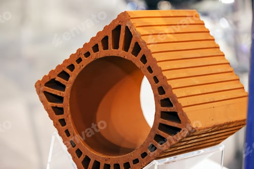 Preview: Detail Of Orange Hollow Clay Block On A Stand At Construction Fair