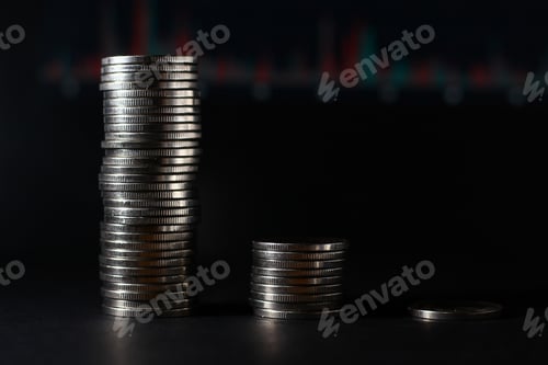 Preview: Coins On A Blurred Background Of A Falling Falling Chart, Crisis Trend
