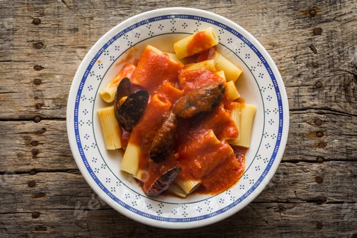 Preview: Traditional Pasta With Stuffed Mussels And Tomato Sauce, Typical From Puglia