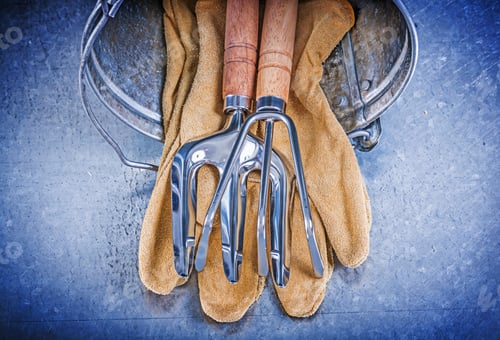 Preview: Metal Bucket Hand Rake Trowel Fork Leather Protective Gloves On Metallic Background Gardening