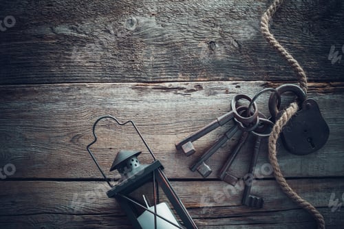 Preview: Old Rusty Lock With Keys, Vintage Lamp And Rope On Wooden Board. Top View. Retro Stylized Photo.