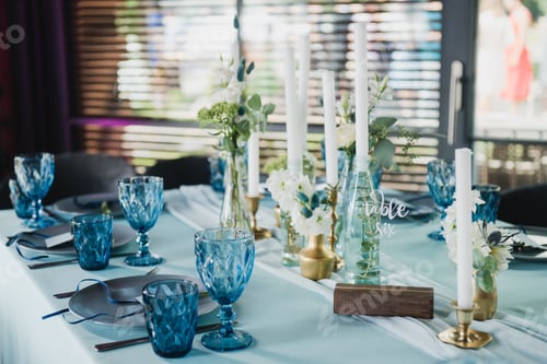 Preview: Coziness And Style. Modern Event Design. Table Setting At Wedding Reception. Floral Compositions