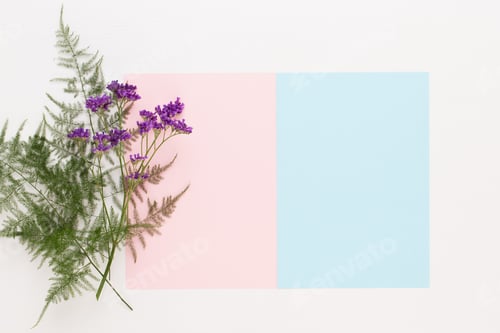Preview: Flowers Composition. Paper Blank, Flowers, Eucalyptus Branches On Pastel Background. Flat Lay, Top