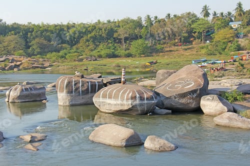 Preview: Tungabhadra River In The Village Of Hampi. Big Stone. Tropical Exotic Landscape. Beautiful Green
