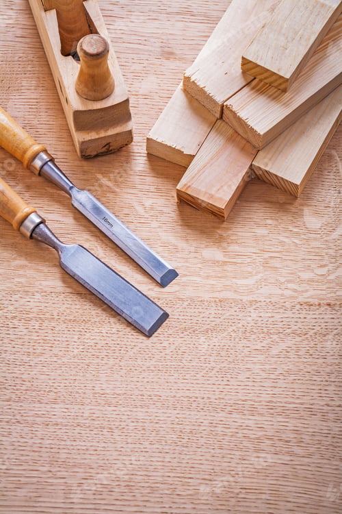 Preview: Vertical Version Composition Chisels Woodworkers Plane And Wooden Planks On Board Construction