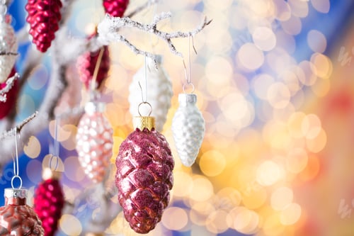 Preview: Christmas Greeting Card. Cone Decoration On Bokeh Background. New Year Concept. Copy Space. Flat