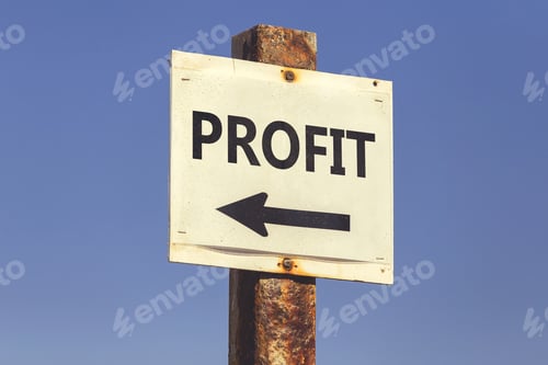 Preview: Profit Word And Arrow Signpost On Clear Sky Background. Motivational Sign. Vintage Style.