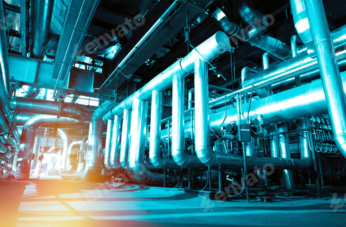 Preview: Industrial Zone, Steel Pipelines And Cables In Blue Tones