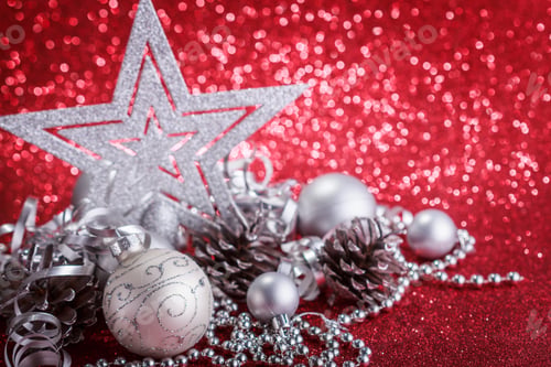 Preview: Christmas Composition Of Christmas Tree Toys On A Blurred Red Background