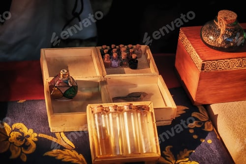 Preview: Creating Paints From Natural Ingredients In The Old Days. Flasks And Bubbles With Pigments, Binders