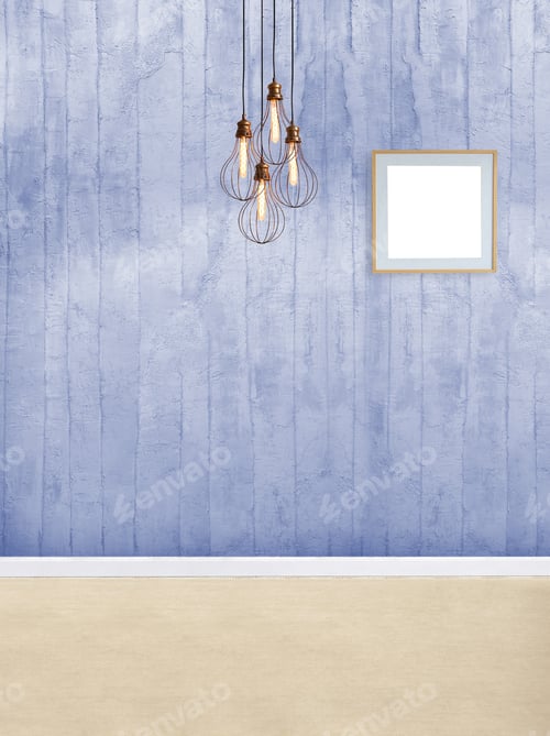 Preview: Blue textured wall with lamps and empty frame