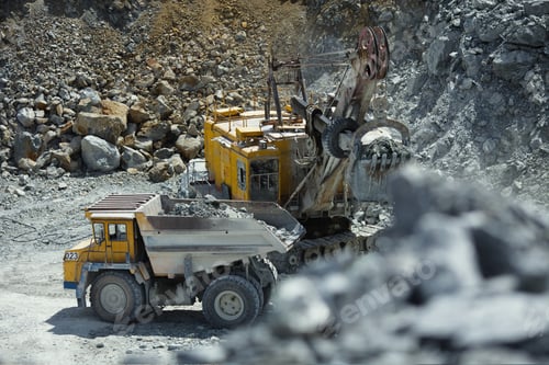 Preview: Excavator And Mining Truck In A Stone Quarry On The Background Of Stone Debris In Sunny Weather