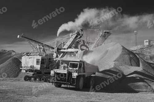 Preview: Heavy Excavator And Quarry Dump Truck During Crushed Stone Loading On The Background Of Crusher