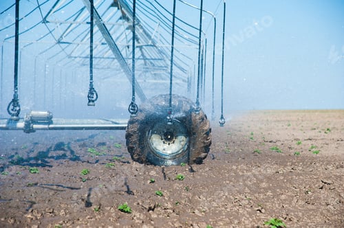 Preview: Automated Farming Irrigation Sprinklers System On Cultivated Agricultural Landscape Field
