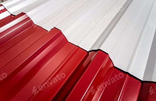 Preview: Red And White Metallic Roof Tiles Background With Drops Of Water.