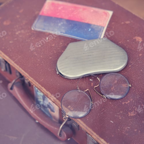 Preview: Vintage Shabby Carpet-Bag, Glasses And A Ticket