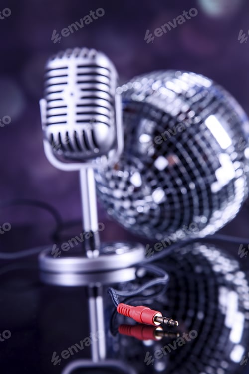 Preview: Professional Silver Microphone On A Black Glossy Background