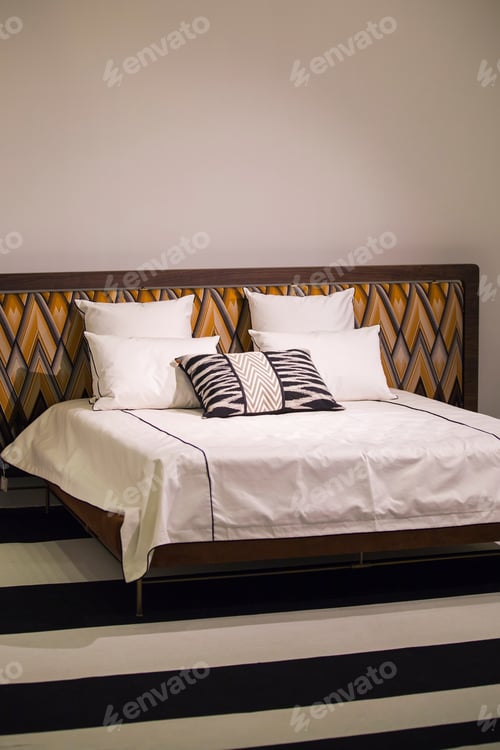 Preview: Modern Stylish Bedroom, Double Bed With Headrest In The Art Nouveau Style, Retro, With A Zigzag