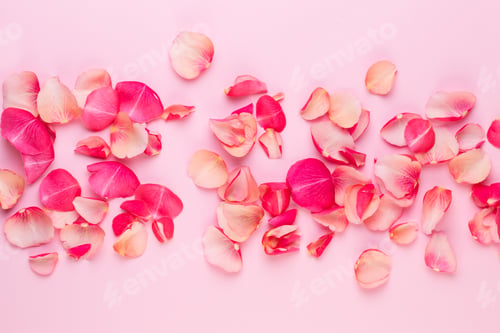 Preview: Valentine'S Day. Rose Flowers Petals On White Background. Valentines Day Background. Flat Lay, Top