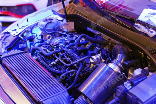Preview: Part Of Car Engine On Neon Light; Note Shallow Depth Of Field