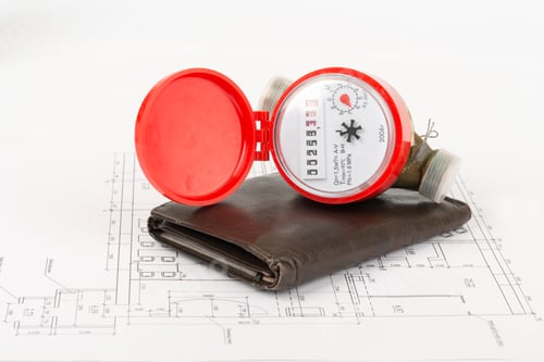Preview: Red Water Meter With Purse On Draft Background