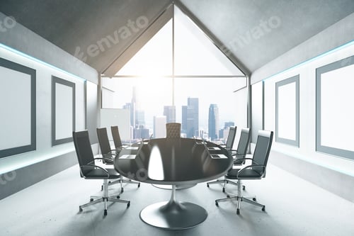 Preview: Modern Conference Room With Black Table, Chairs And City View. 3D Render