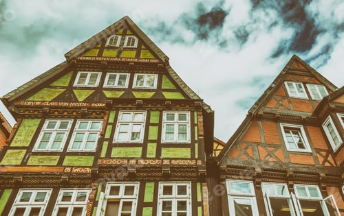 Preview: Celle, Germany. Colourful Buildings In City Center On A Sunny Day.