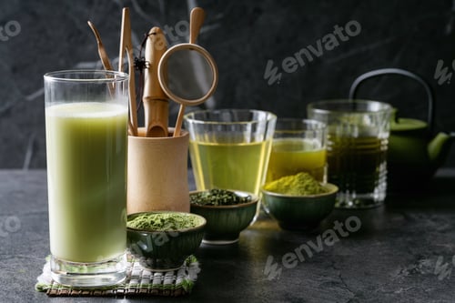 Preview: Variety Of Matcha Tea Served With Sencha And Matcha Powder Over Dark Wooden Background