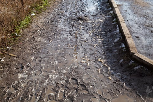 Preview: Very Dirty Pedestrian Area With Puddles And Footprints. Background . The Soggy Soil Of A Village