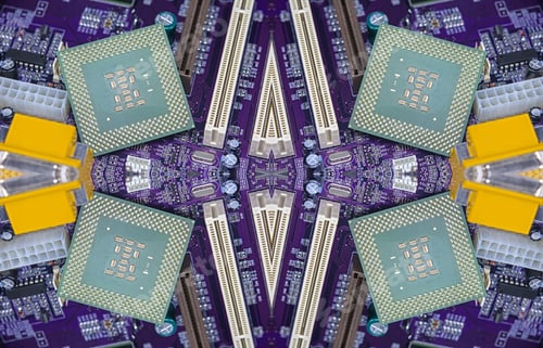 Vista previa: Vista macro de los pines de la CPU y la placa base del circuito