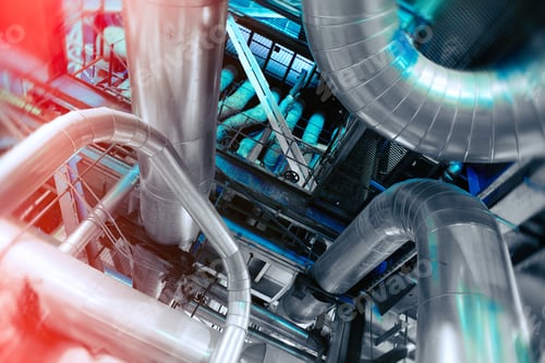 Preview: Industrial Factory. Various Mechanisms And Metal Pipes. Toned Image. Motion Blur Effect.