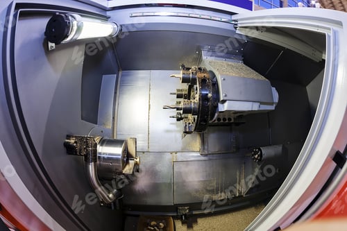 Preview: Industrial Lathe Tool And Lathe Machine In Progress; Note Shallow Depth Of Field
