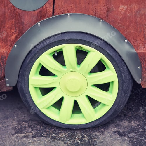 Preview: Rusty Tuned Retro Car, Old Green Tuned Wheel Close Up