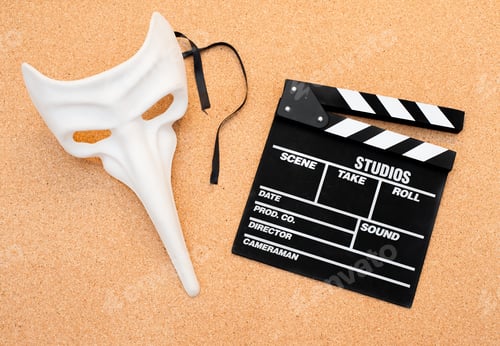 Preview: White Carnival Mask And Movie Clapper Board On Cork Wooden Background