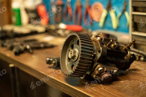 Preview: Spare Car Engine Diesel Pump Resting On The Mechanical Workshop Bench