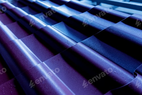 Preview: Blue Metallic Roof Tiles Background With Drops Of Water.