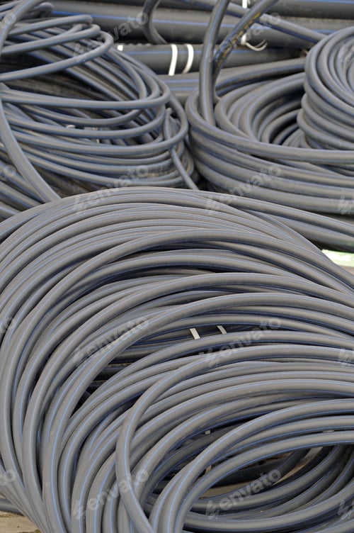 Preview: Black Plastic Pipes For Water Supply Or Sewerage Prepared For Installation Or Repair Of The Water