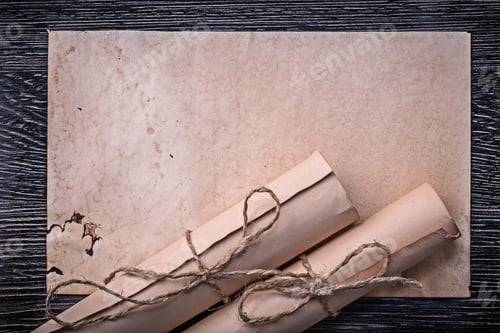 Preview: Vintage Rolled Corded Paper On Wooden Background.