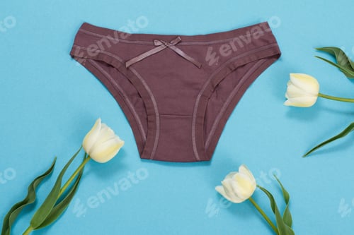 Preview: Cotton Panties With Tulip Flowers On A Blue Background. Woman Underwear Set. Top View.