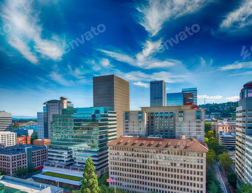 Preview: Aerial City Skyline Of Portland On A Beautiful Sunny Day, Or.