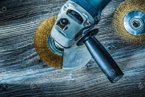 Preview: Power Tool and Wire Brushes on Wood Background